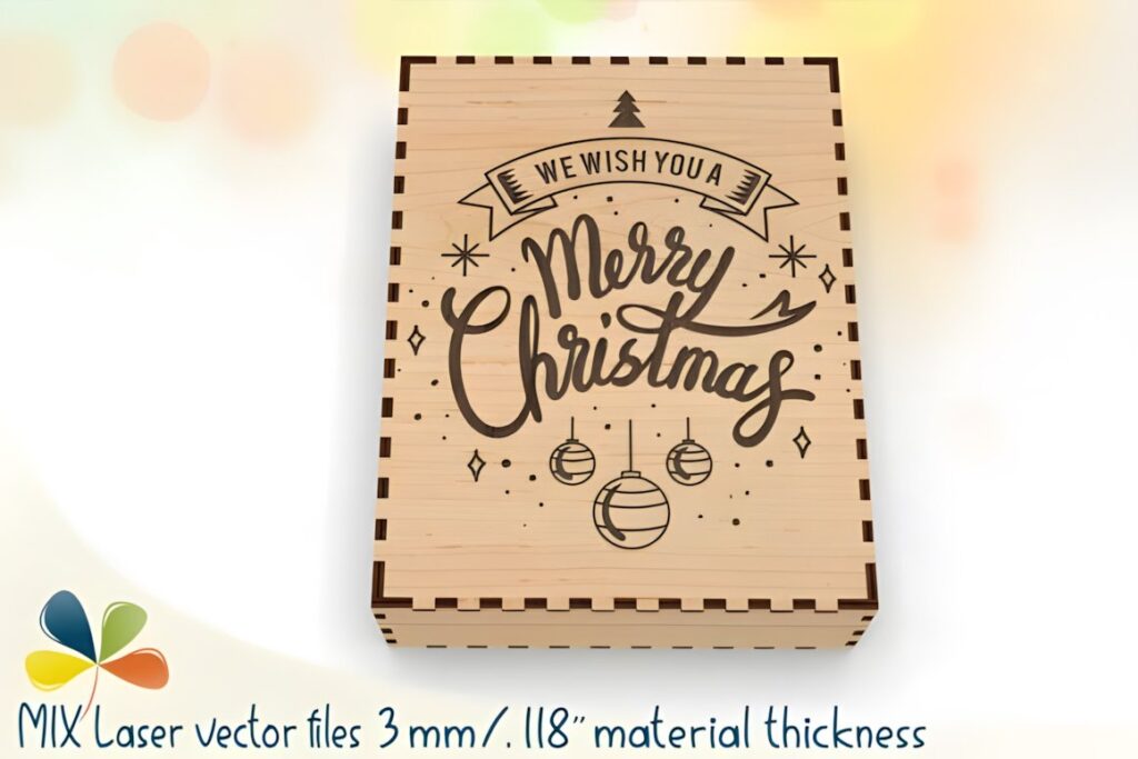 54 Christmas Laser Cut Files for Festive Laser Projects 81 Christmas Laser Cut Files wooden hinged gift box with engraved Merry Christmas and holiday decorations