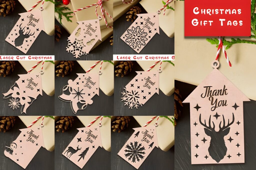 54 Christmas Laser Cut Files for Festive Laser Projects 32 Christmas Laser Cut Files showing various laser-cut gift tags with holiday designs and thank you messages