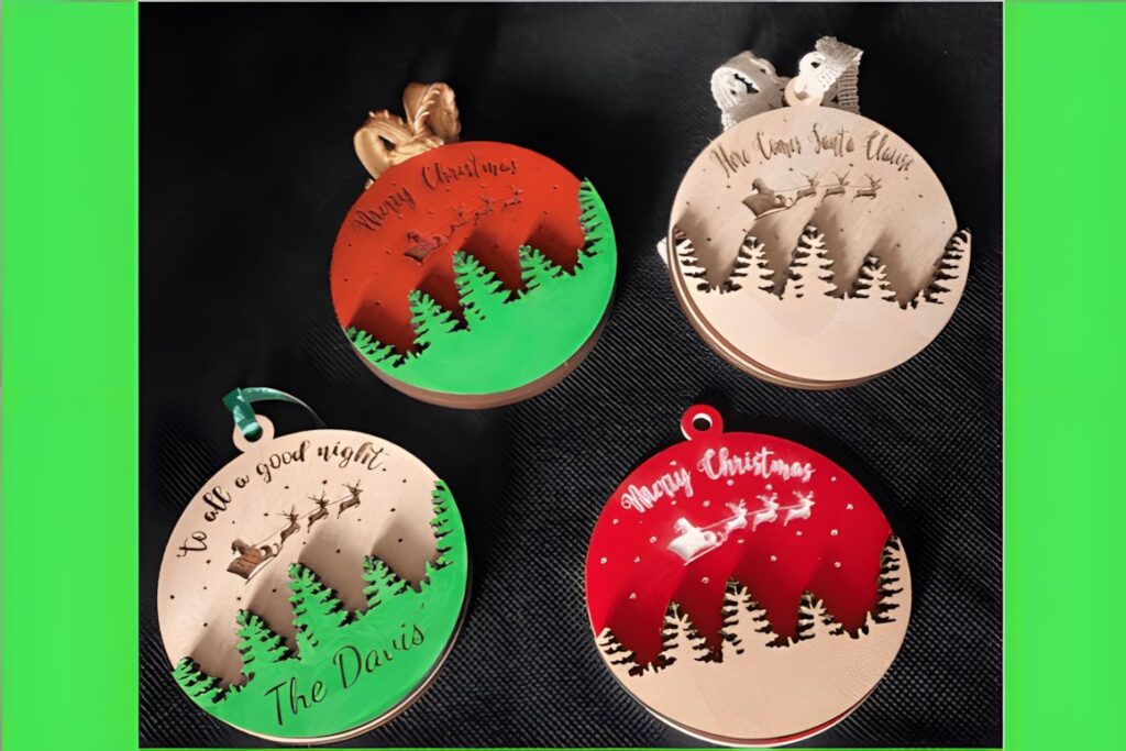 54 Christmas Laser Cut Files for Festive Laser Projects 22 Christmas Laser Cut Files showing four layered wooden ornaments with holiday wording and tree designs