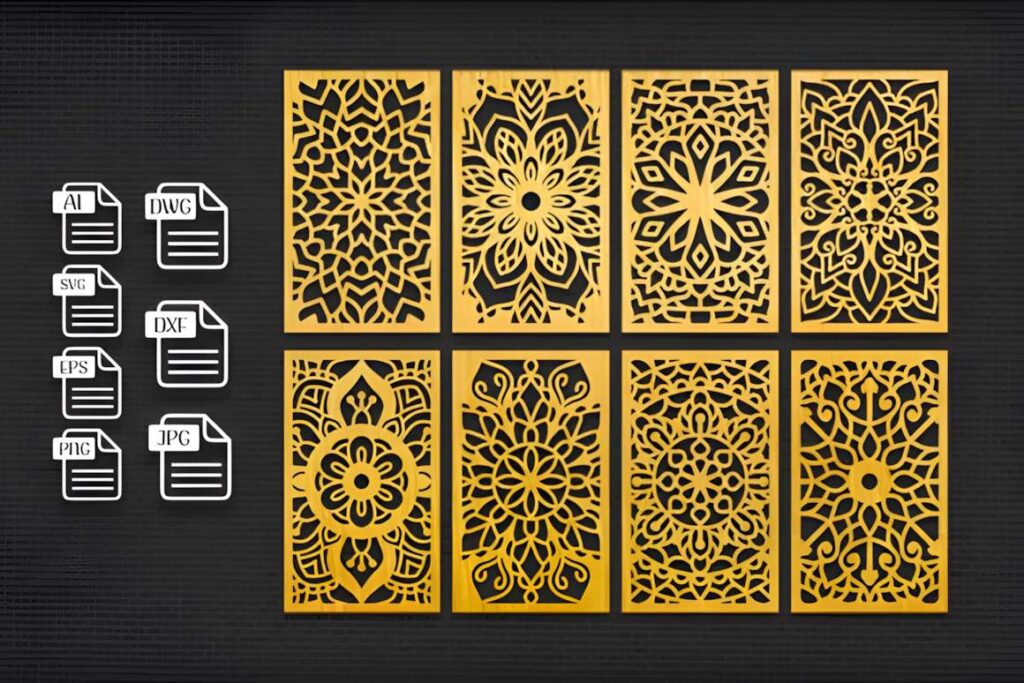 39 Outdoor Laser Cut Panels for Modern Outdoor Spaces 29 Set of eight outdoor laser cut panels with intricate mandala-style decorative patterns