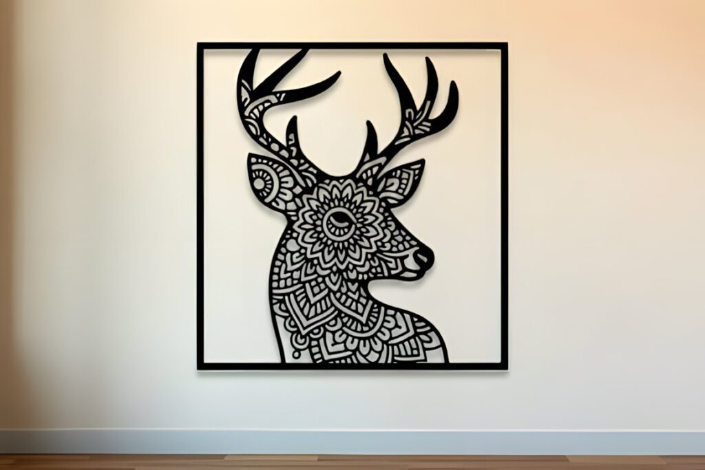 47 Laser Cut Wall Art Ideas for Stylish Home Interiors 65 Laser cut wall art ideas featuring a deer mandala silhouette with intricate ornamental detailing in a black frame
