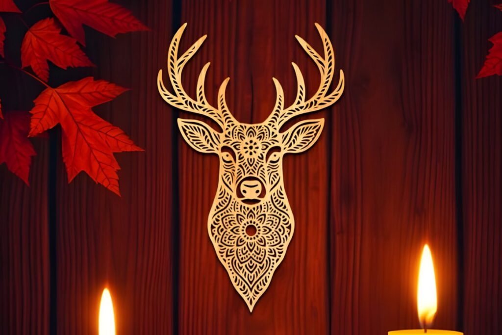 47 Laser Cut Wall Art Ideas for Stylish Home Interiors 64 Laser cut wall art ideas featuring a deer mandala silhouette with intricate ornamental detailing on wooden background