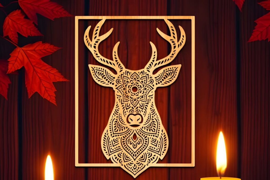 27 Laser Cut Wood Wall Art Ideas for Modern Home Decor 39 Laser cut wood wall art ideas featuring a detailed deer mandala design with intricate patterns on a wooden background