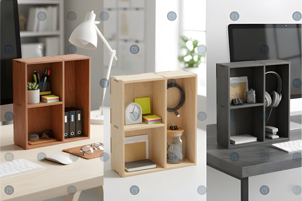 17 Laser Cut Desk Organizer Templates for DIY Laser Projects 36 Laser cut desk organizer templates in wood and black finishes arranged on desks with office supplies