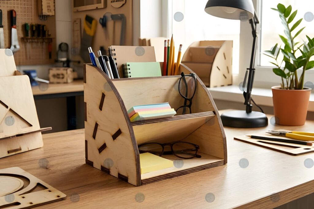 17 Laser Cut Desk Organizer Templates for DIY Laser Projects 29 Laser cut desk organizer templates wooden organizer with compartments for pens, notes, and glasses on a workbench