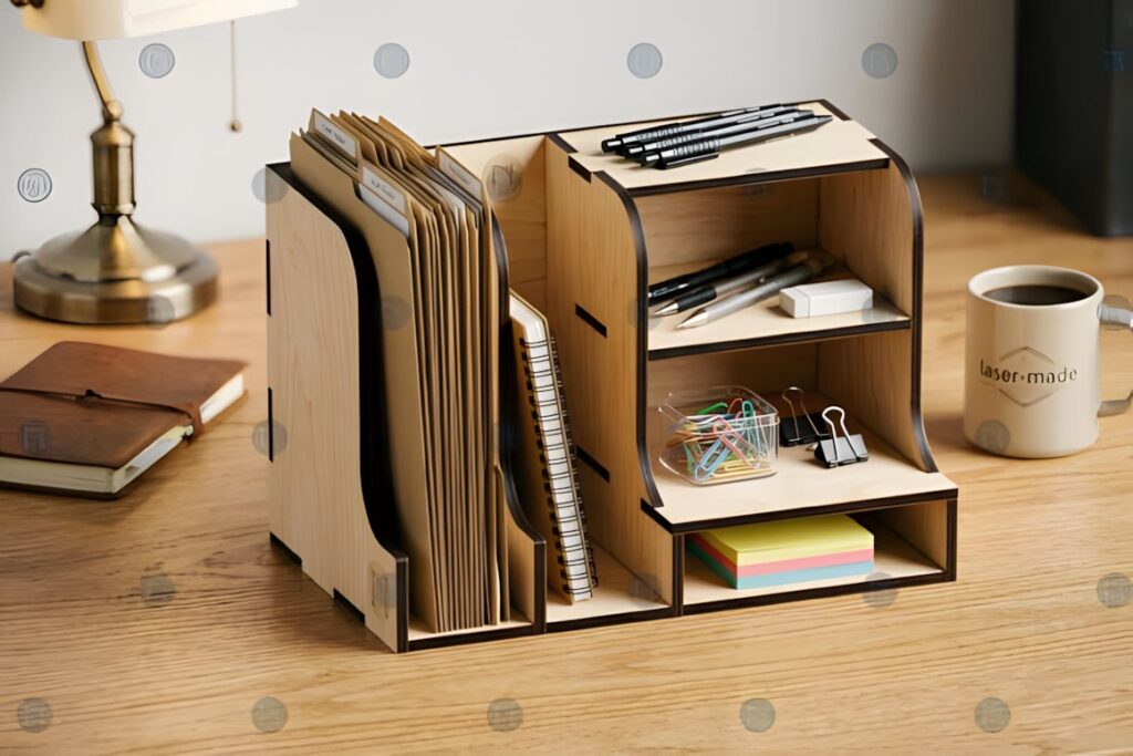 17 Laser Cut Desk Organizer Templates for DIY Laser Projects 30 Laser cut desk organizer templates showing compartments for files, pens, paper clips, and sticky notes on a wooden desk