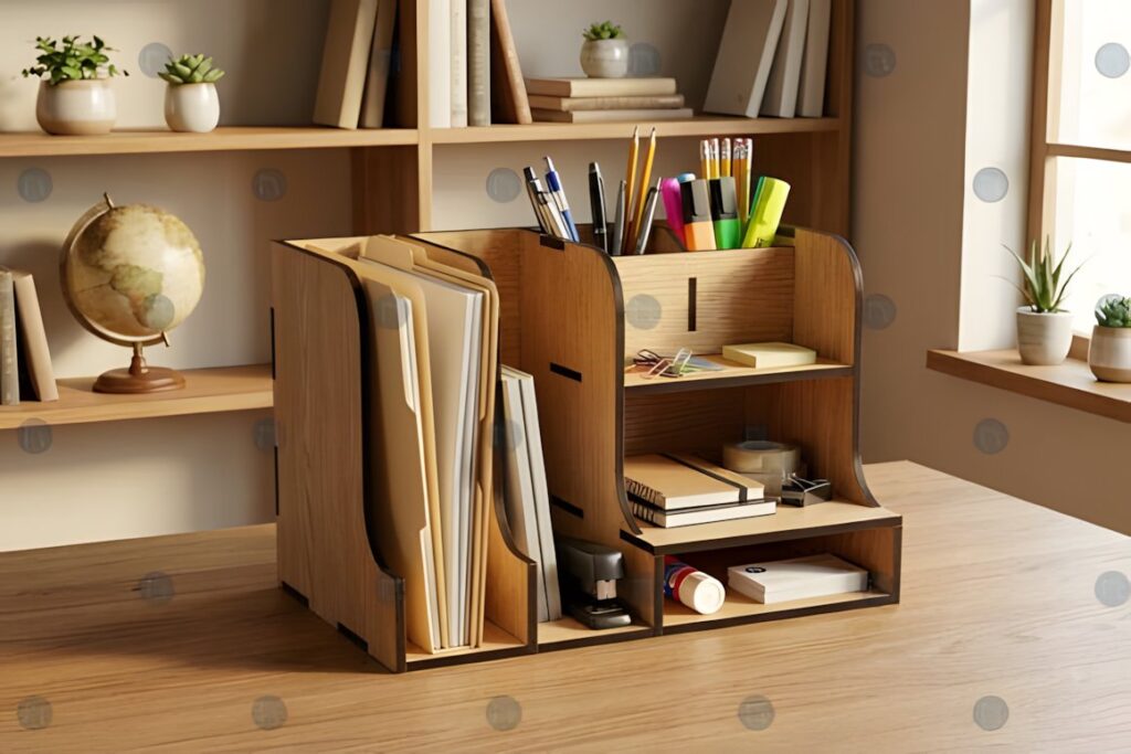 17 Laser Cut Desk Organizer Templates for DIY Laser Projects 31 Laser cut desk organizer templates holding stationery and files on a wooden desk