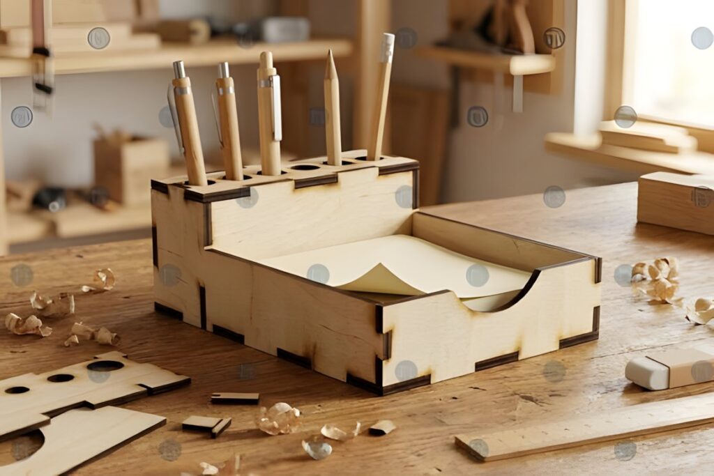 17 Laser Cut Desk Organizer Templates for DIY Laser Projects 32 Laser cut desk organizer templates made from wood holding pens and paper on a wooden workbench
