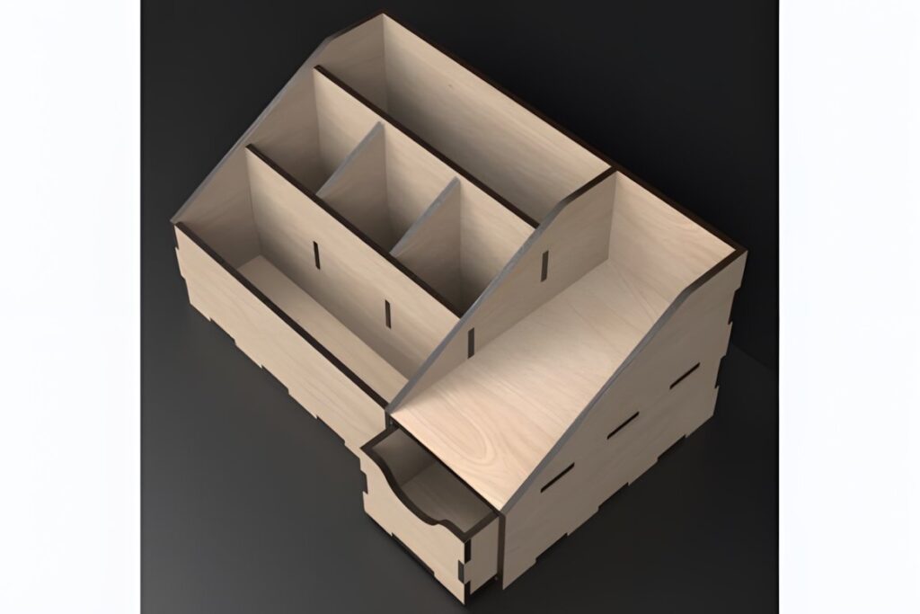 17 Laser Cut Desk Organizer Templates for DIY Laser Projects 3 Laser cut desk organizer templates showing multi-compartment wooden desktop organizer with cubicles and drawer