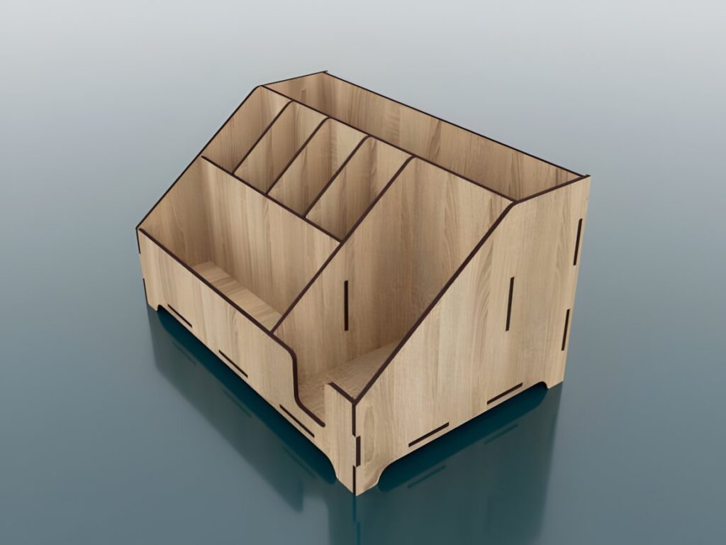 17 Laser Cut Desk Organizer Templates for DIY Laser Projects 6 laser cut desk organizer templates showing a wooden desktop storage unit with multiple compartments