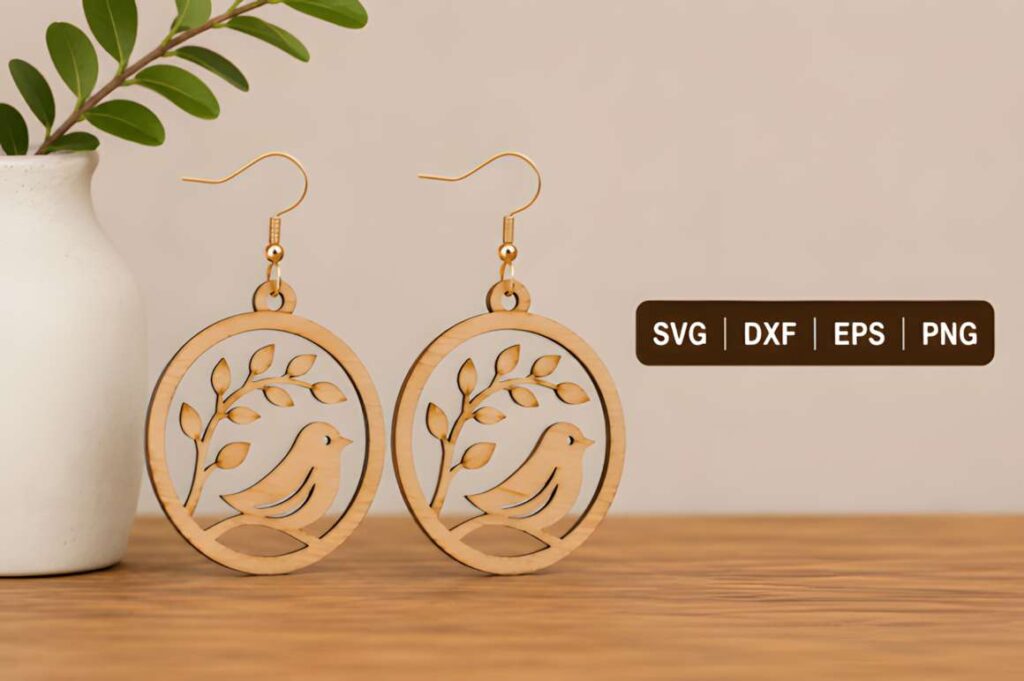15 Laser Cut Acrylic Earring SVG Files 19 Laser cut acrylic earring SVG files showing wooden earrings with bird and leaf design