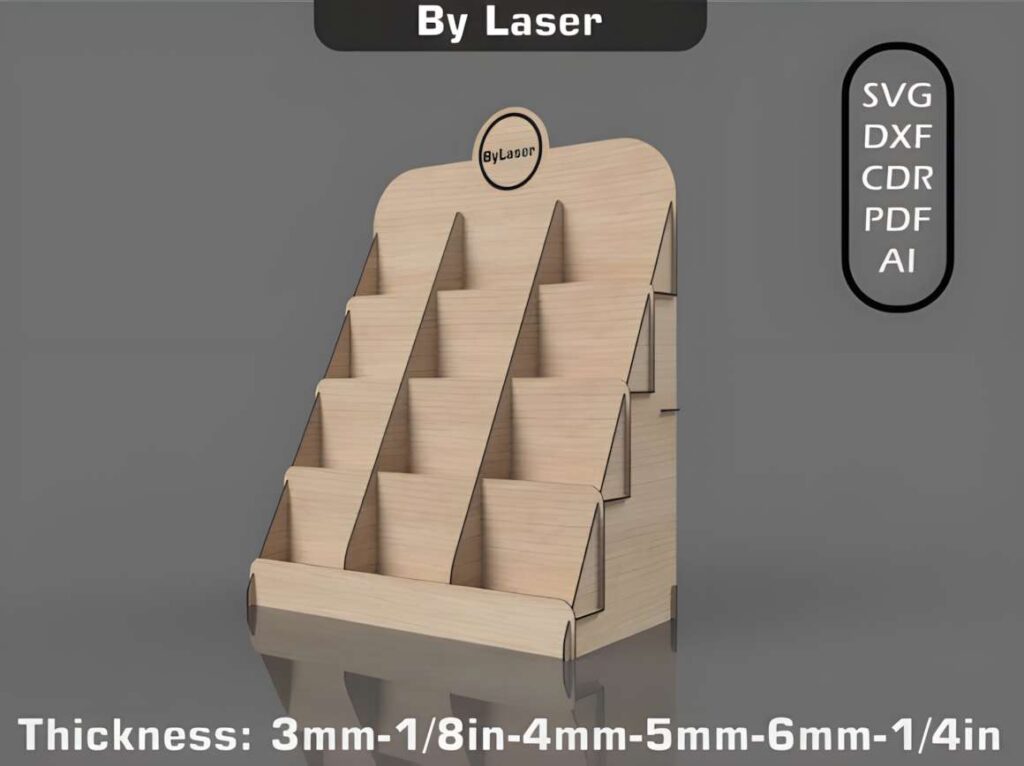 Laser Cut File Countertop Display Stand 3D laser cut files for a wooden countertop display stand with multiple angled compartments