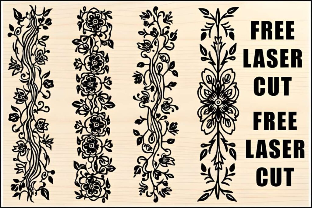 39 Outdoor Laser Cut Panels for Modern Outdoor Spaces 27 Four vertical outdoor laser cut panels with intricate floral and botanical designs in black on a light background