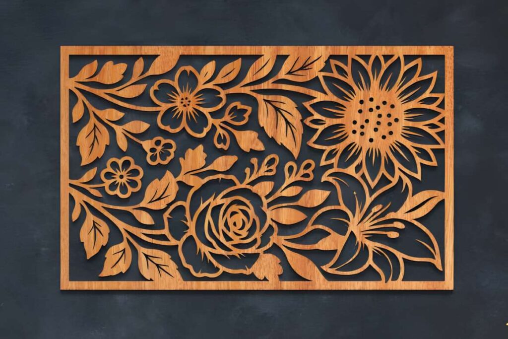 39 Outdoor Laser Cut Panels for Modern Outdoor Spaces 19 Outdoor laser cut panels with floral design featuring various flowers and leaves in a rectangular wooden frame