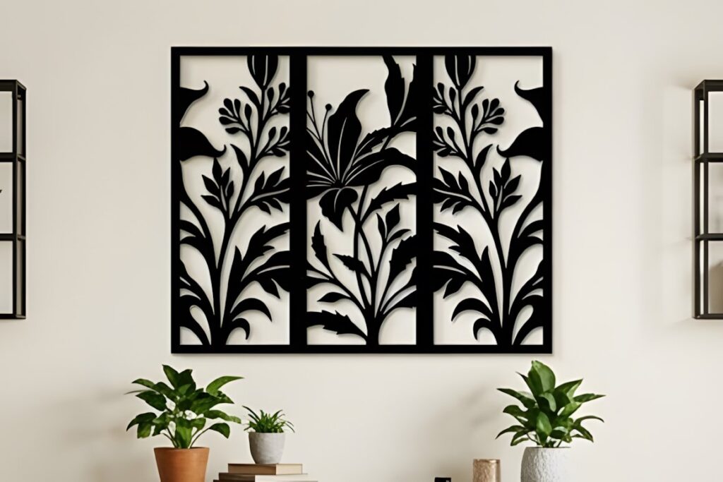 47 Laser Cut Wall Art Ideas for Stylish Home Interiors 16 Black laser cut wall art ideas floral panel with intricate plant and flower designs mounted on beige wall