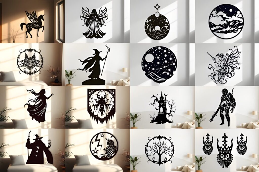 47 Laser Cut Wall Art Ideas for Stylish Home Interiors 42 Laser cut wall art ideas featuring celestial, magical, and fantasy motifs in black silhouette style