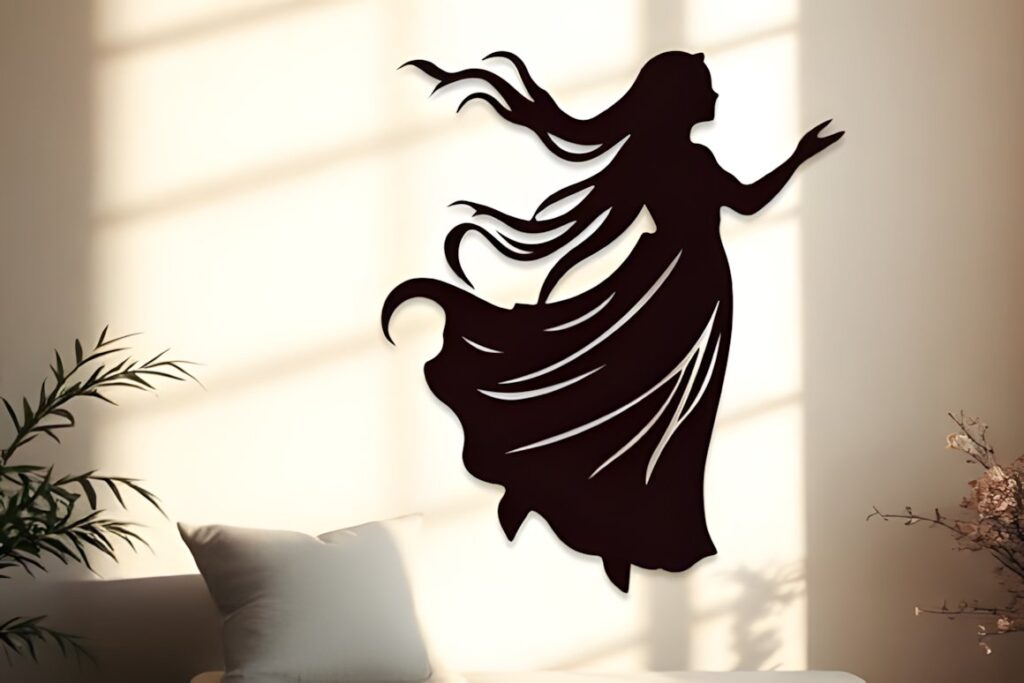 47 Laser Cut Wall Art Ideas for Stylish Home Interiors 43 laser cut wall art ideas featuring a silhouette of a flowing woman mounted on a light wall above a sofa