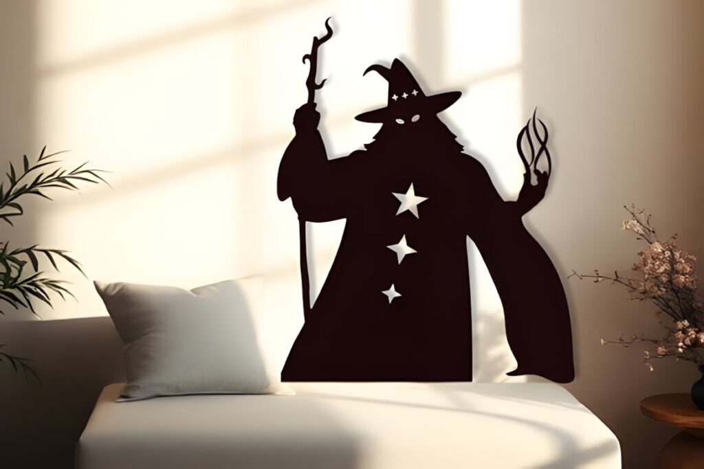 47 Laser Cut Wall Art Ideas for Stylish Home Interiors 44 Laser cut wall art ideas featuring a wizard silhouette with stars and a staff on a bedroom wall