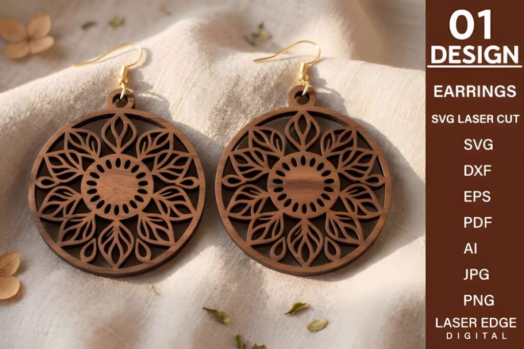 15 Laser Cut Acrylic Earring SVG Files 17 Laser cut acrylic earring SVG files showing mandala patterned round earrings with intricate cutouts