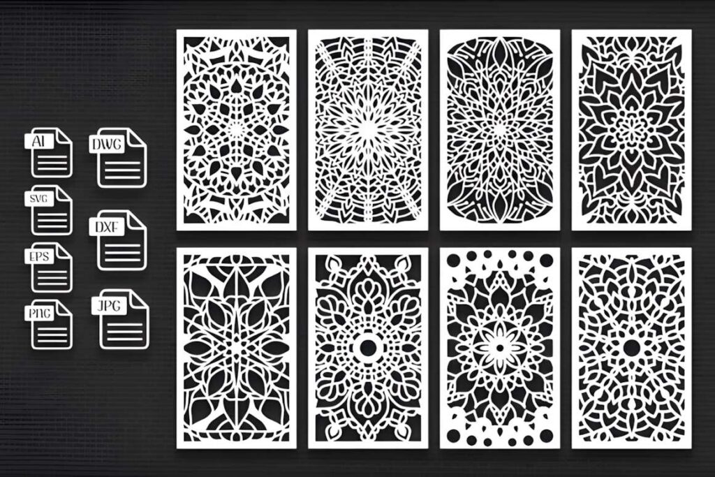 39 Outdoor Laser Cut Panels for Modern Outdoor Spaces 15 Set of 8 outdoor laser cut panels with intricate mandala and geometric designs in white