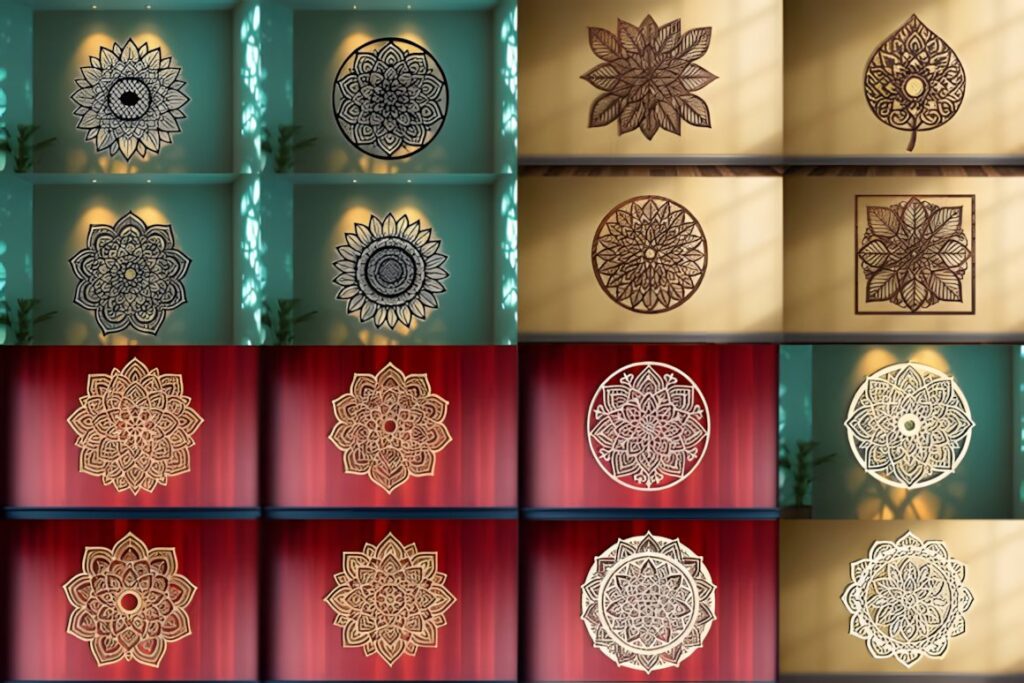 27 Laser Cut Wood Wall Art Ideas for Modern Home Decor 15 Laser cut wood wall art ideas featuring various intricate mandala designs in single-layer style