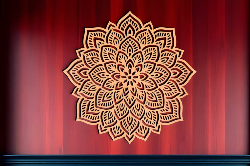 27 Laser Cut Wood Wall Art Ideas for Modern Home Decor 18 Laser cut wood wall art ideas featuring a single-layer mandala design on a wooden background
