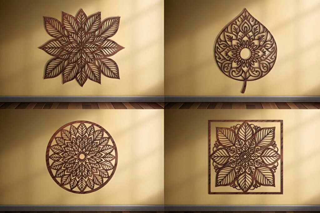 27 Laser Cut Wood Wall Art Ideas for Modern Home Decor 16 Laser cut wood wall art ideas featuring four intricate mandala designs in various shapes on a beige wall