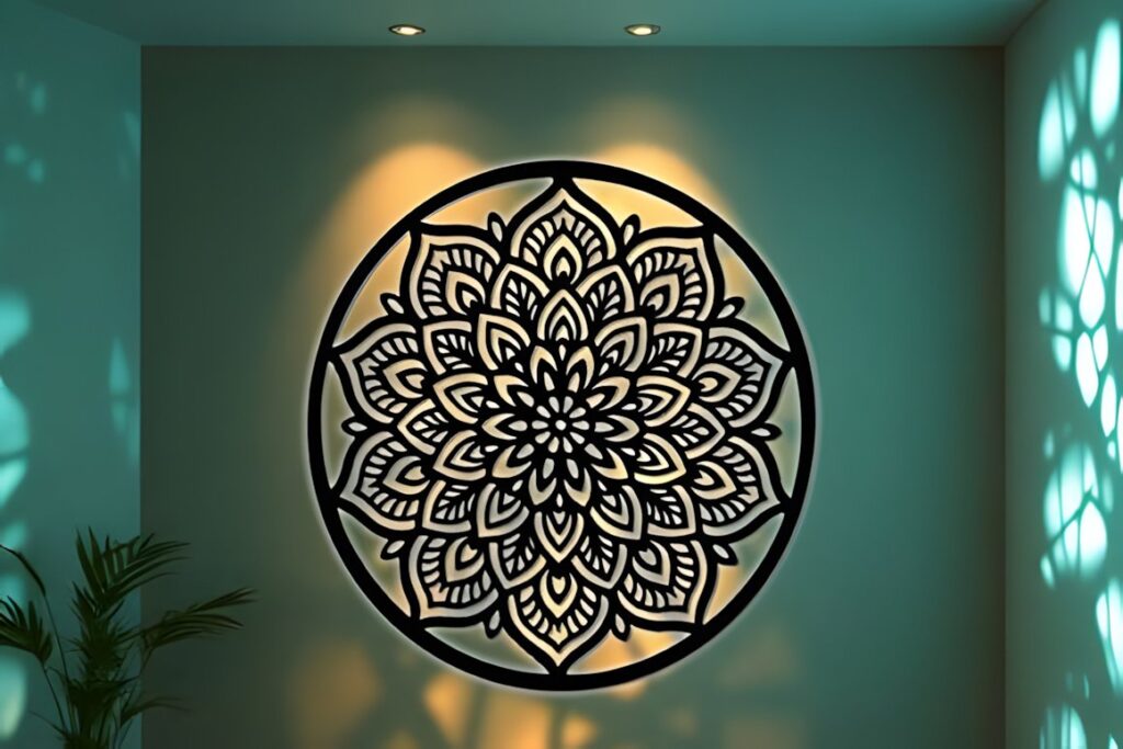 27 Laser Cut Wood Wall Art Ideas for Modern Home Decor 17 Laser cut wood wall art ideas featuring a large mandala design illuminated on a teal wall