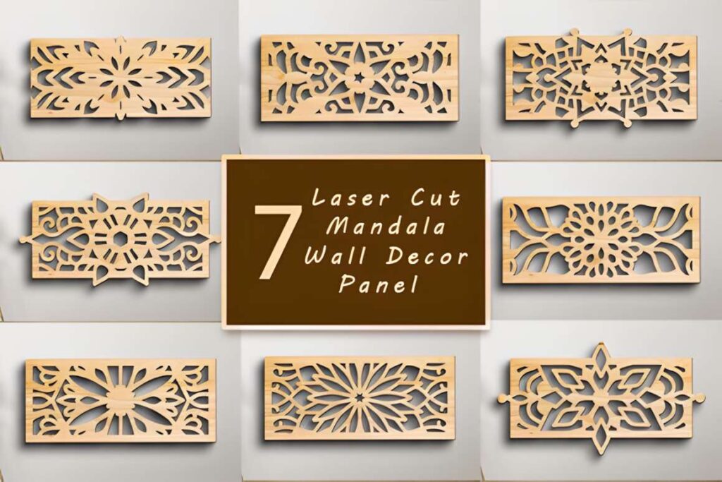 39 Outdoor Laser Cut Panels for Modern Outdoor Spaces 21 Set of seven outdoor laser cut panels with symmetrical mandala designs in light wood tone