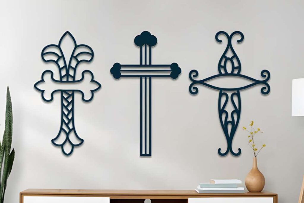 50 Laser Cut Steel Wall Art Ideas for Modern Home Decor 44 Three laser cut steel wall art crosses with ornamental silhouettes displayed on a white — laser cut steel wall art ideas