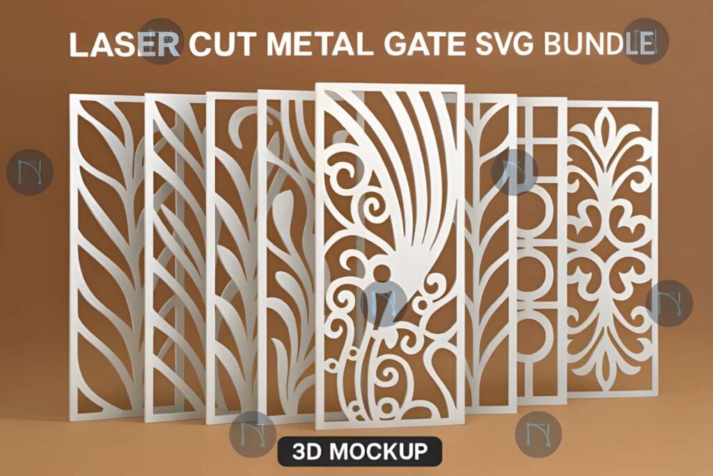 39 Outdoor Laser Cut Panels for Modern Outdoor Spaces 26 Outdoor laser cut panels with intricate metal gate designs in a 3D mockup display