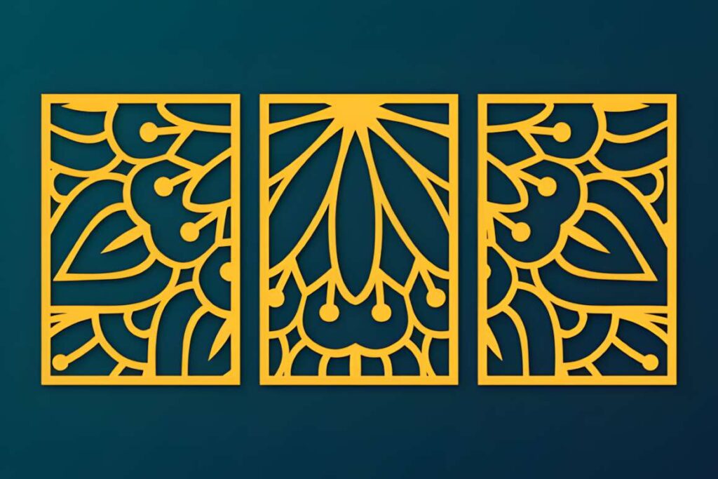 50 Laser Cut Steel Wall Art Ideas for Modern Home Decor 9 Laser cut steel wall art ideas featuring a set of three yellow floral and geometric metal panels on a dark blue wall