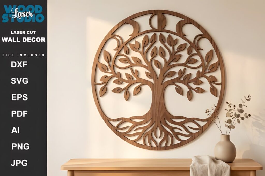 27 Laser Cut Wood Wall Art Ideas for Modern Home Decor 51 Laser cut wood wall art ideas featuring a circular moon tree design with detailed branches and roots