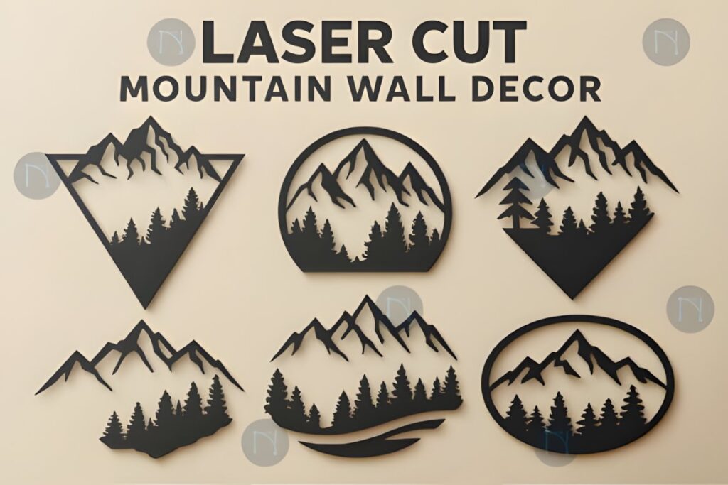 27 Laser Cut Wood Wall Art Ideas for Modern Home Decor 31 Laser cut wood wall art ideas featuring six single-layer mountain and pine designs in various geometric shapes including