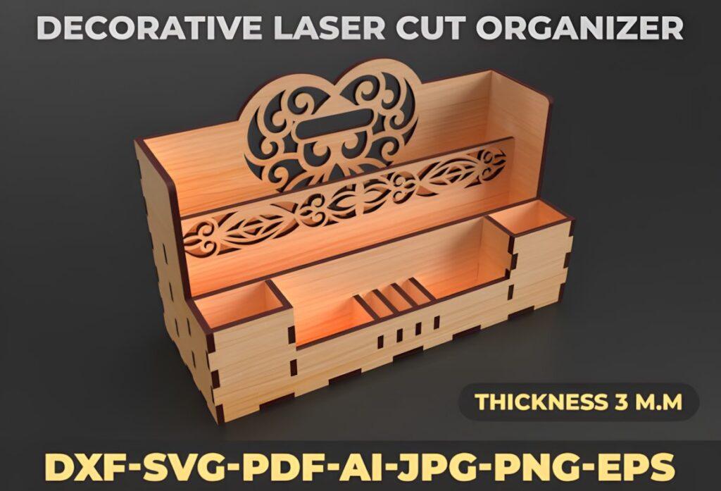 17 Laser Cut Desk Organizer Templates for DIY Laser Projects 34 laser cut desk organizer templates showing a decorative wooden organizer with multiple compartments and intricate cutout