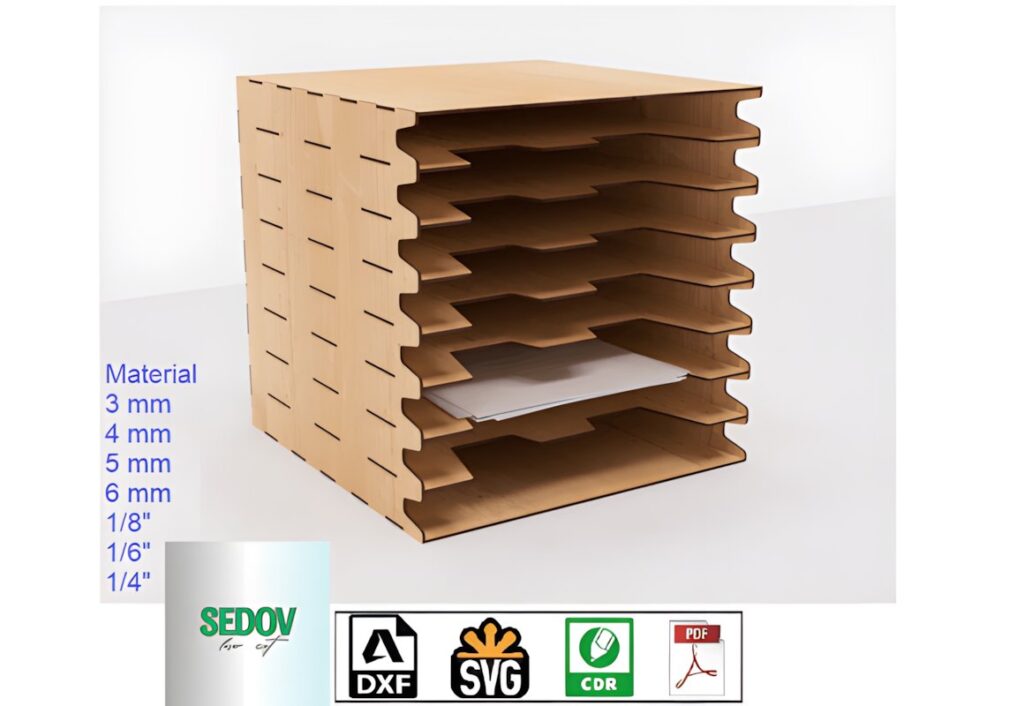 17 Laser Cut Desk Organizer Templates for DIY Laser Projects 8 laser cut desk organizer templates with multiple shelves for storing documents and papers in various material thicknesses