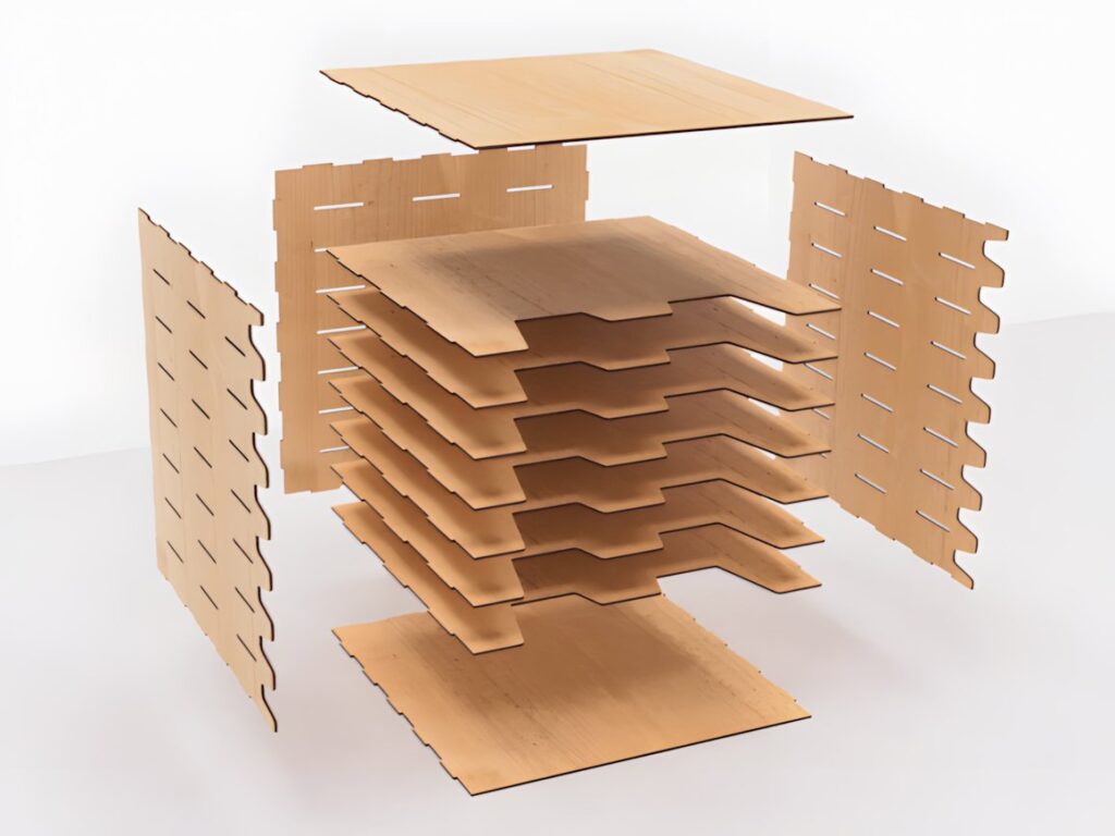 17 Laser Cut Desk Organizer Templates for DIY Laser Projects 9 Laser cut desk organizer templates showing exploded view of layered wooden panels for assembly