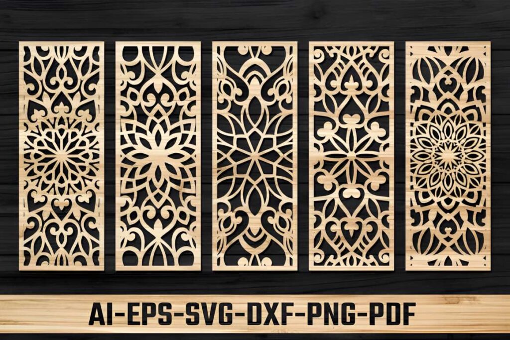 39 Outdoor Laser Cut Panels for Modern Outdoor Spaces 56 Set of five wooden outdoor laser cut panels with intricate ornamental patterns displayed against a dark background