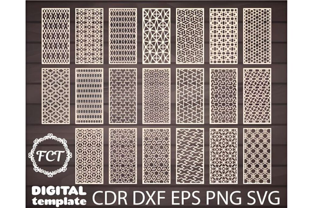 17 Laser Cut Metal Wall Art Panels for Modern Home Decor 4 Set of 17 laser cut metal wall art panels with various geometric patterns in elongated rectangular shapes