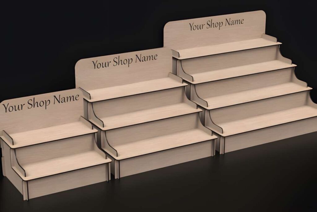 Laser Cut Slot Together Display Stand 3D laser cut files for slot together tiered display stands in various sizes with Your Shop Name signage
