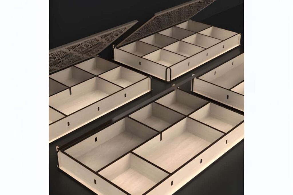 Laser Cut Stash Box Svg Files 3D laser cut files showing laser-cut wooden stash boxes with multiple compartments for storage