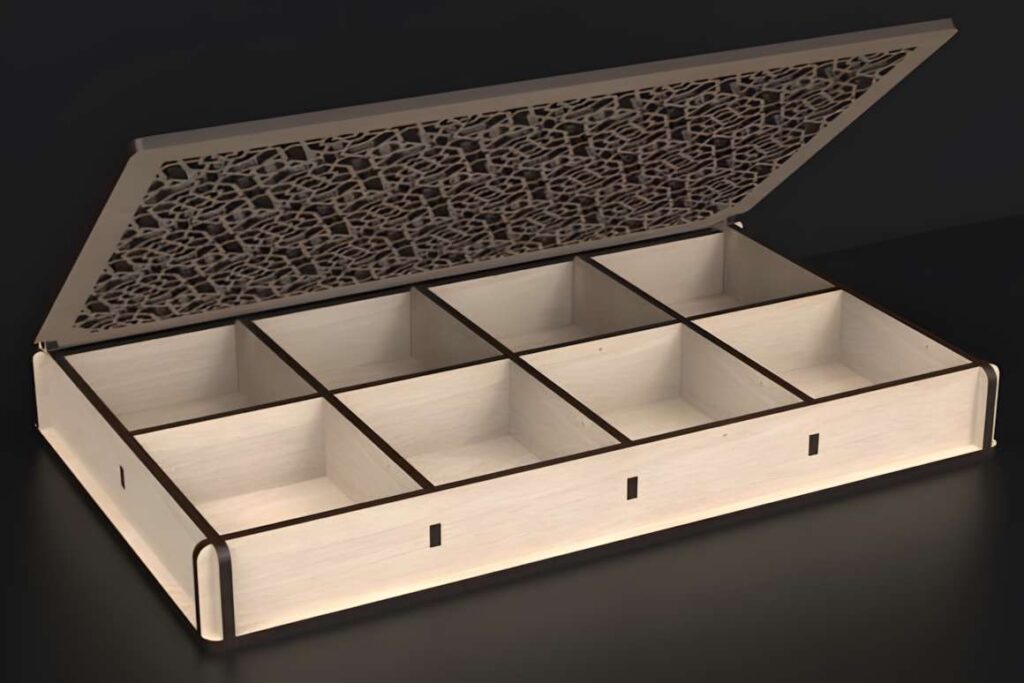 Laser Cut Stash Box Svg Files Poster 2 Open laser cut stash box with eight compartments and decorative patterned lid made from wood — 3D laser cut files
