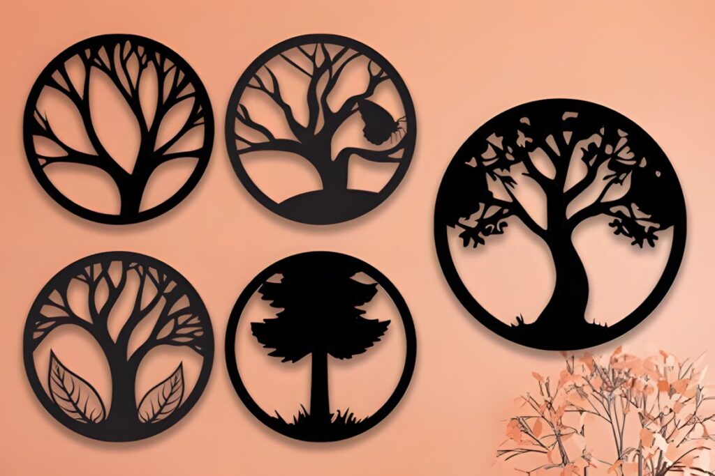 27 Laser Cut Wood Wall Art Ideas for Modern Home Decor 22 Set of five laser cut wood wall art ideas featuring various tree designs in black circular frames on a peach wall