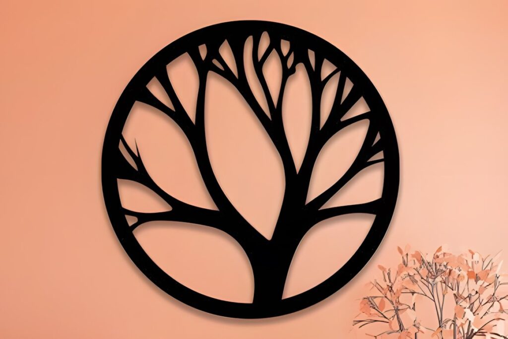 27 Laser Cut Wood Wall Art Ideas for Modern Home Decor 23 Laser cut wood wall art ideas featuring a black circular tree design mounted on a peach wall