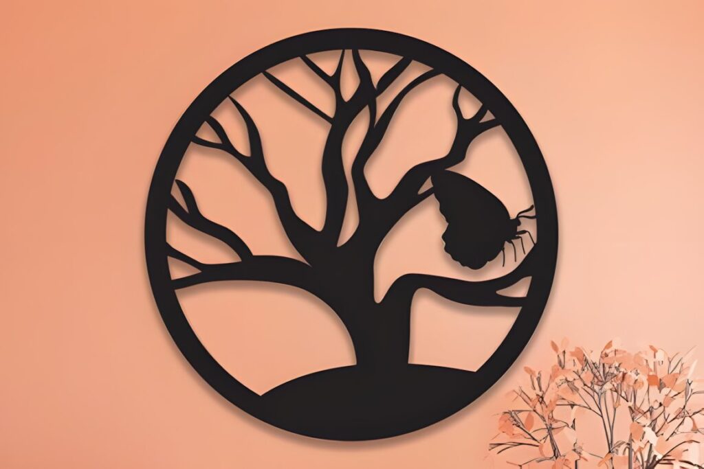 27 Laser Cut Wood Wall Art Ideas for Modern Home Decor 24 Laser cut wood wall art ideas featuring a circular tree design with a butterfly on a peach wall