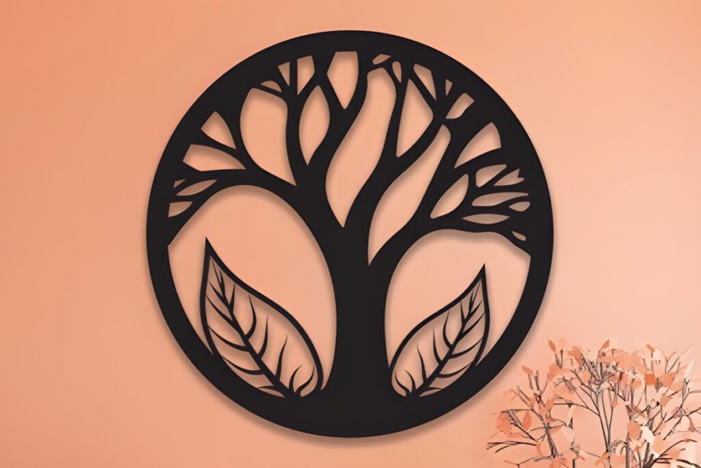 27 Laser Cut Wood Wall Art Ideas for Modern Home Decor 26 laser cut wood wall art ideas featuring a round black tree design with leaves on a peach wall