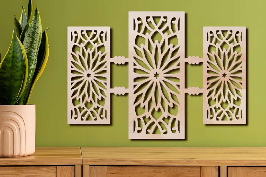 39 Outdoor Laser Cut Panels for Modern Outdoor Spaces 54 Outdoor laser cut panels with mandala design mounted on green wall above wooden surface with potted plant