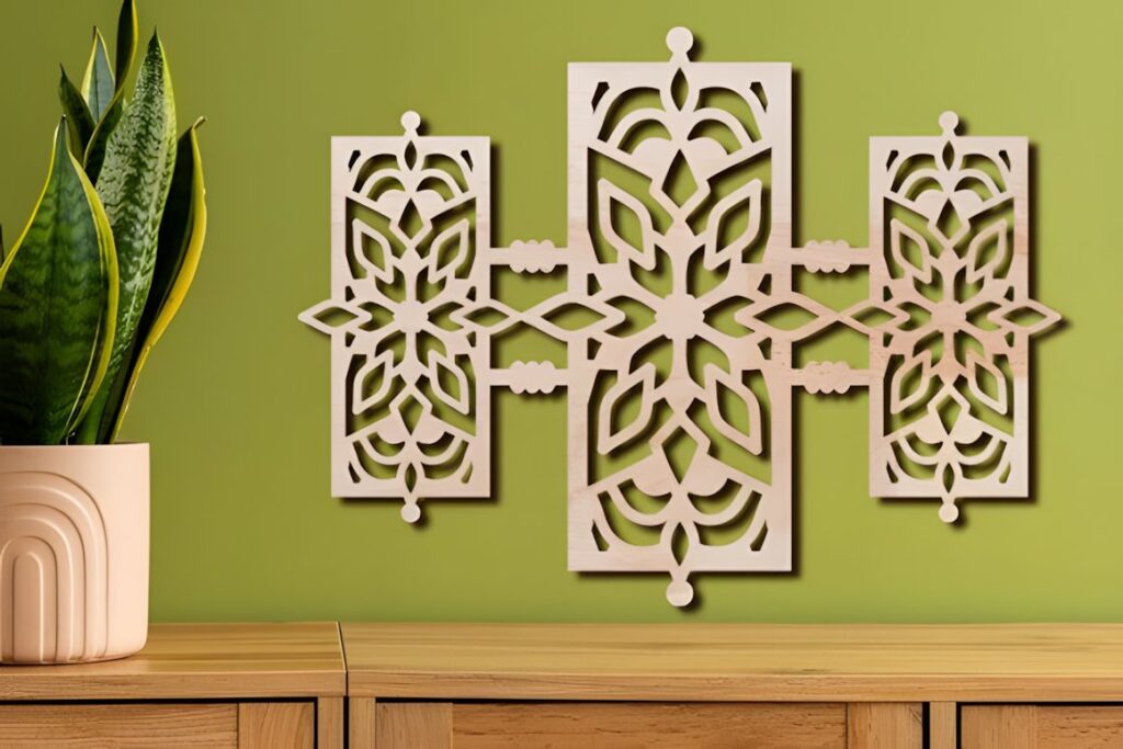 47 Laser Cut Wall Art Ideas for Stylish Home Interiors 33 Laser cut wall art ideas featuring a beige mandala panel with intricate geometric patterns mounted on a green wall above a