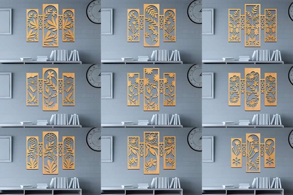 17 Laser Cut Metal Wall Art Panels for Modern Home Decor 8 Laser cut metal wall art panels featuring various wildflower designs displayed above a shelf with books and decor