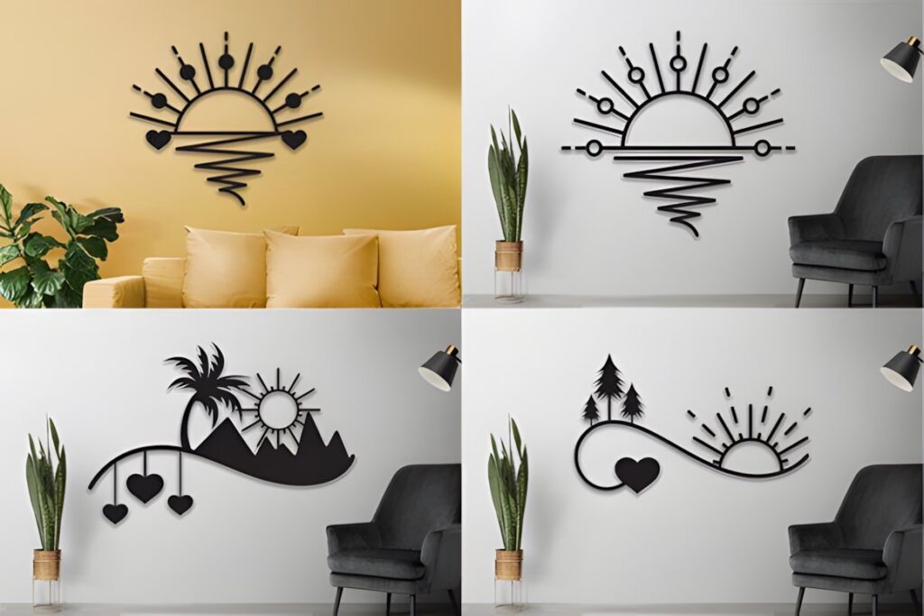 29 Laser Cut Metal Wall Art Ideas for Modern Home Decor 4 Laser cut metal wall art ideas featuring sun, waves, palm trees, and heart designs in modern living spaces